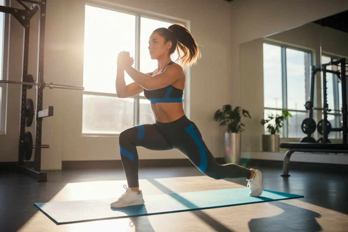 A young woman in athletic wear performing a dynamic lunge on a blue mat, sunlight streaming through a modern gym window, vibrant and energetic, 3:2 aspect ratio, contemporary fitness style