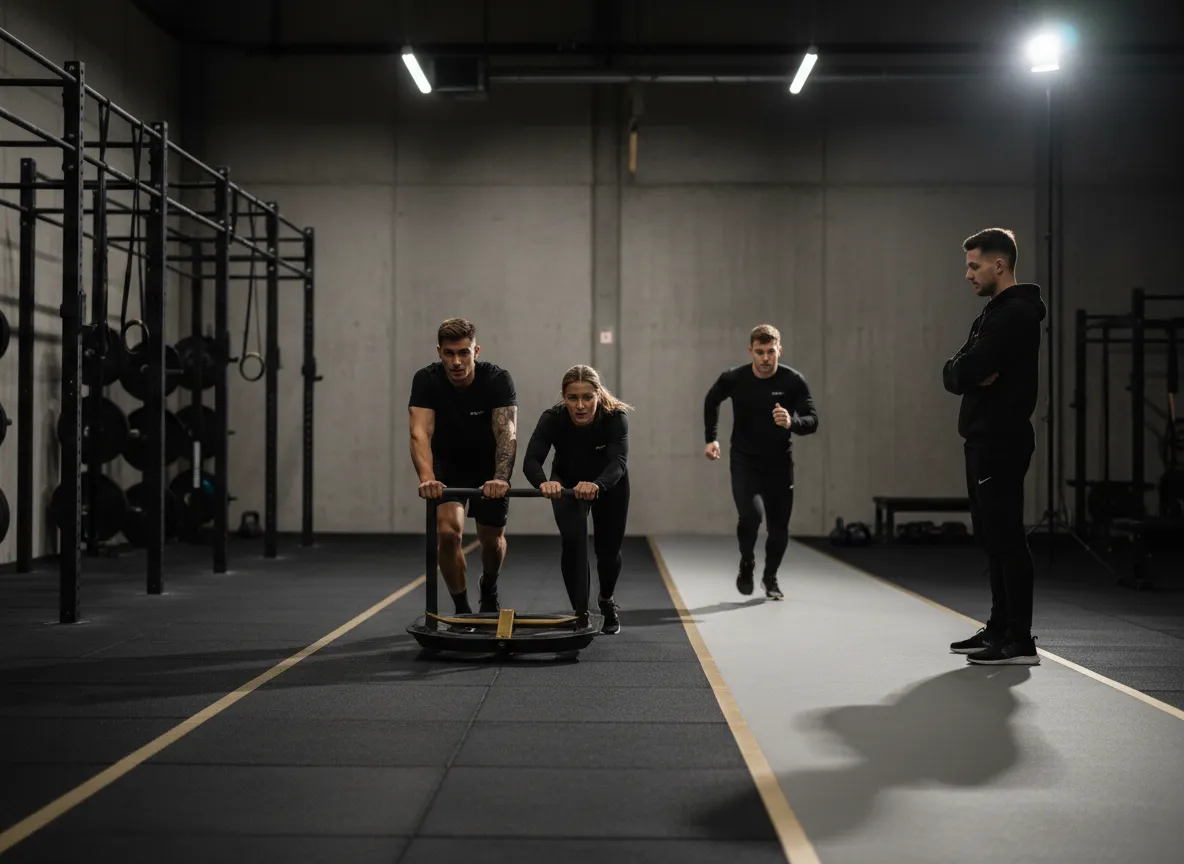 Athletes performing HYROX style training in a performance facility
