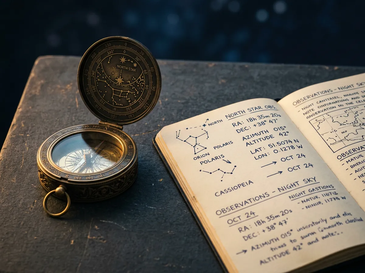 Close-up of fine celestial compass coordinates on an open notebook page