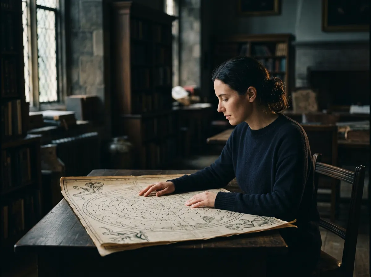 Contemplative figure examining a celestial map under soft architectural light