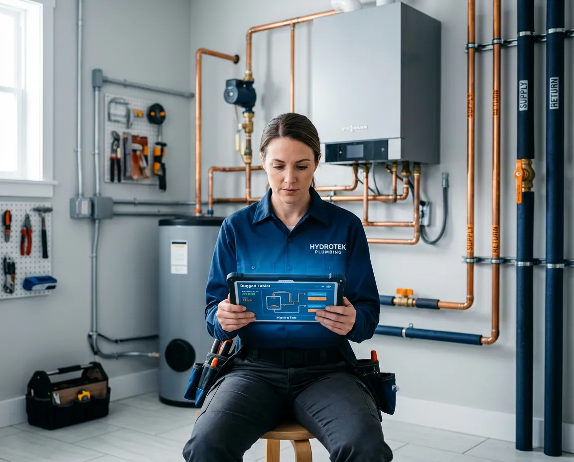 Plumbing contractor reviewing customer pipeline and reactivated estimates on digital tablet