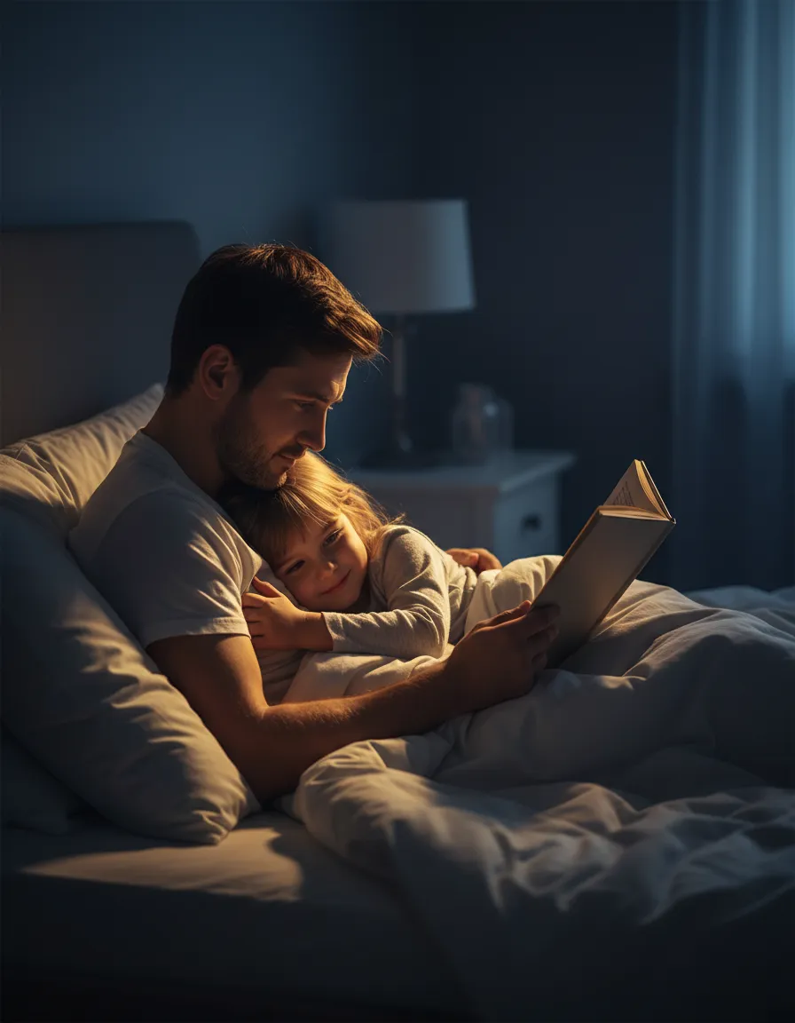 Parent and child cuddling and reading a storybook at bedtime