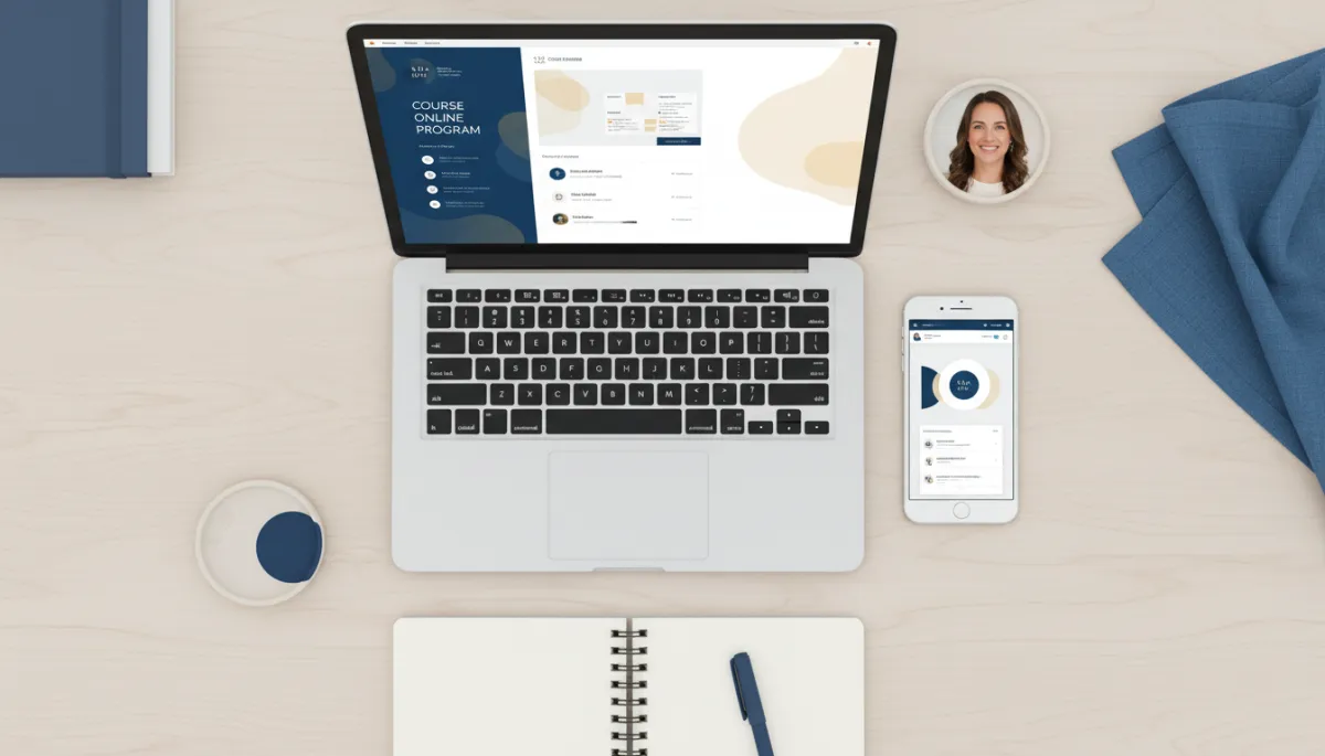 Collage of laptop showing course, phone, and woman