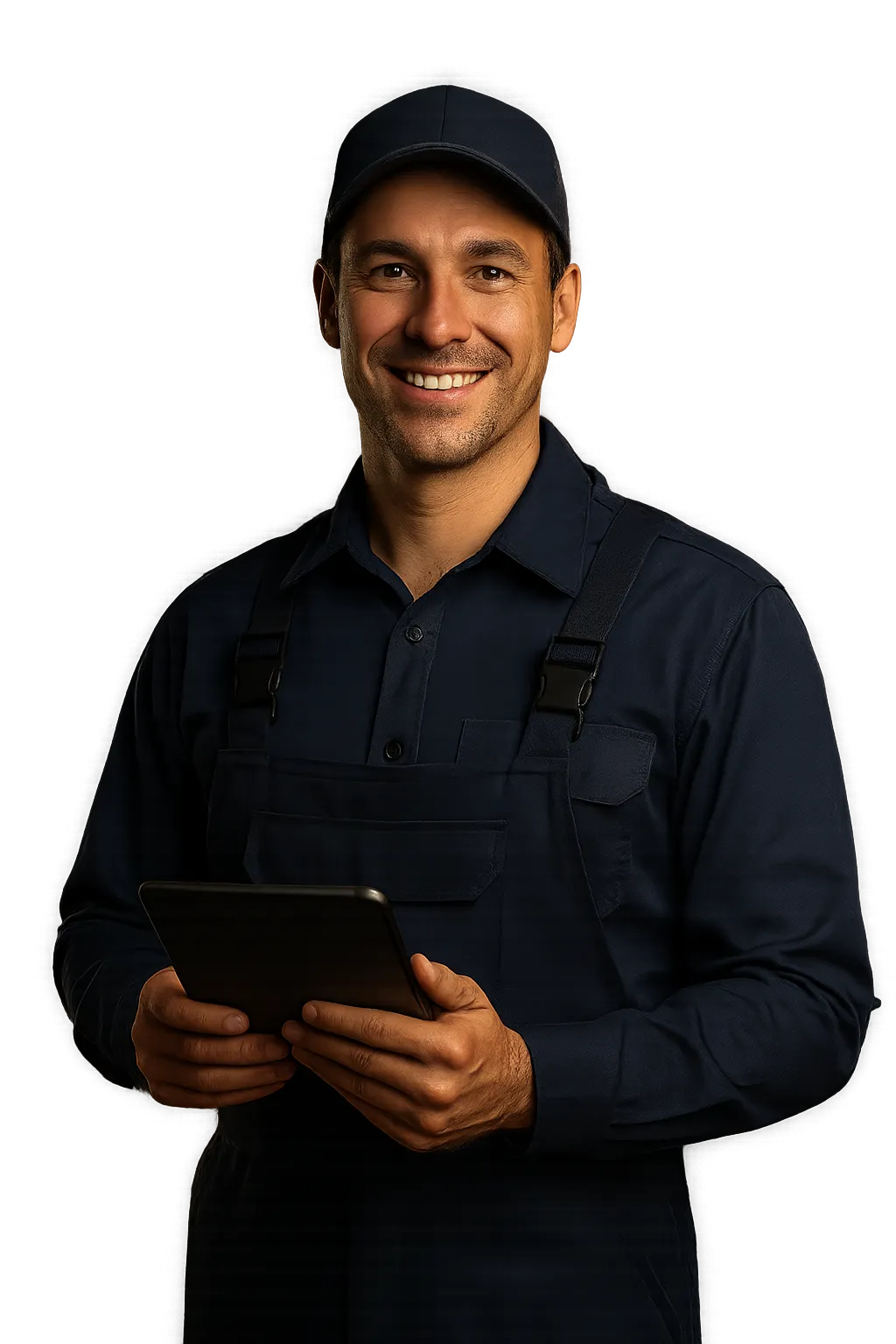 Professional HVAC technician inspecting digital climate control system in a modern comfortable home