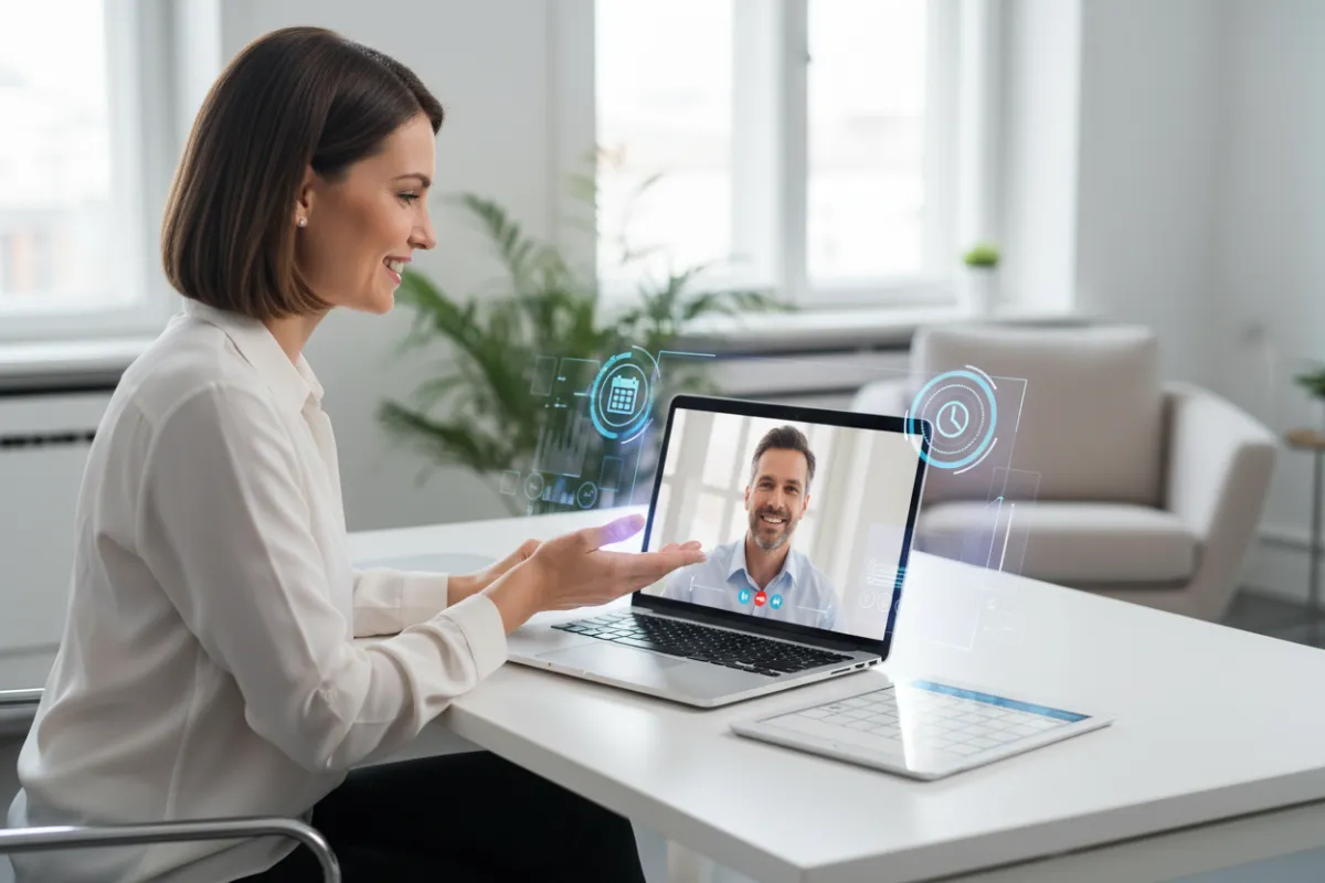 Un consultor profesional realizando una demostración en video en vivo desde un portátil, con un cliente visible en la pantalla, rodeados de elementos de interfaz digital e iconos de programación. El entorno es moderno, con énfasis en la interactividad y la claridad.