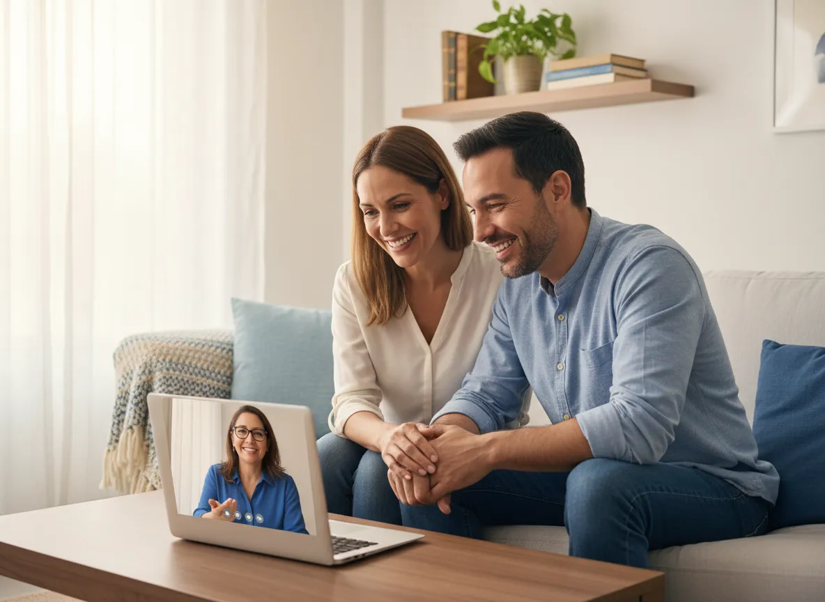 Pareja joven revisando opciones de seguro con una asesora en laptop