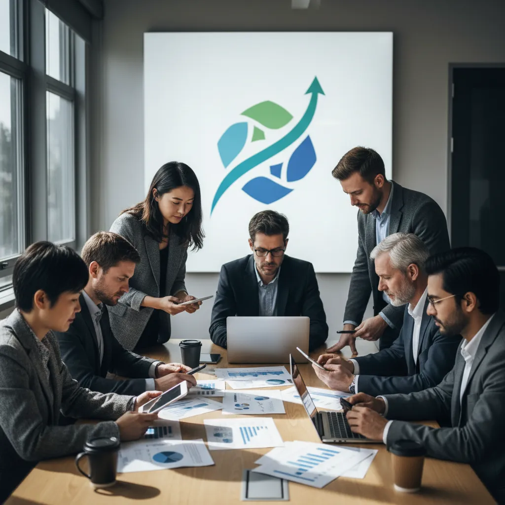 Un equipo diverso de expertos en GHL colaborando alrededor de una mesa, revisando documentos de estrategia y dispositivos digitales, con una gran declaración de misión exhibida en una pared. La atmósfera es concentrada, inclusiva y orientada al futuro.