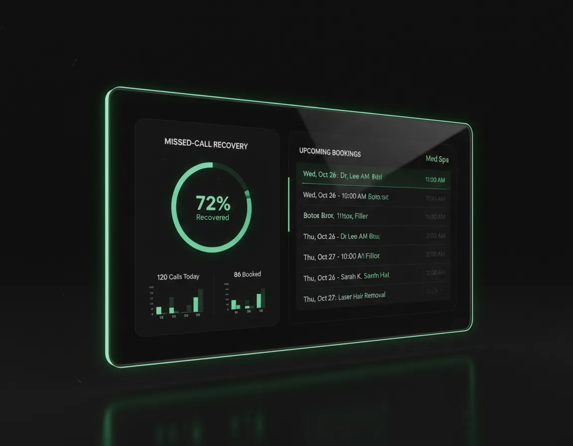 Tech dashboard showing missed call recovery for Med Spas