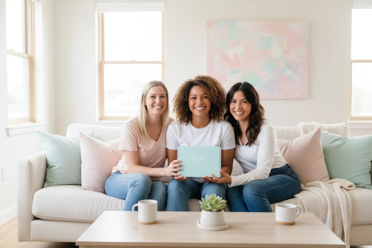 Různorodá skupina tří žen ve věku dvaceti až třiceti let, usmívajících se a sedících společně v světlém moderním obývacím pokoji. Jedna drží krabici označenou „PMS Essentials“. Prostředí je vzdušné s měkkým přirozeným světlem a pastelovými akcenty, které vyvolávají pocit pohodlí, důvěry a posílení.