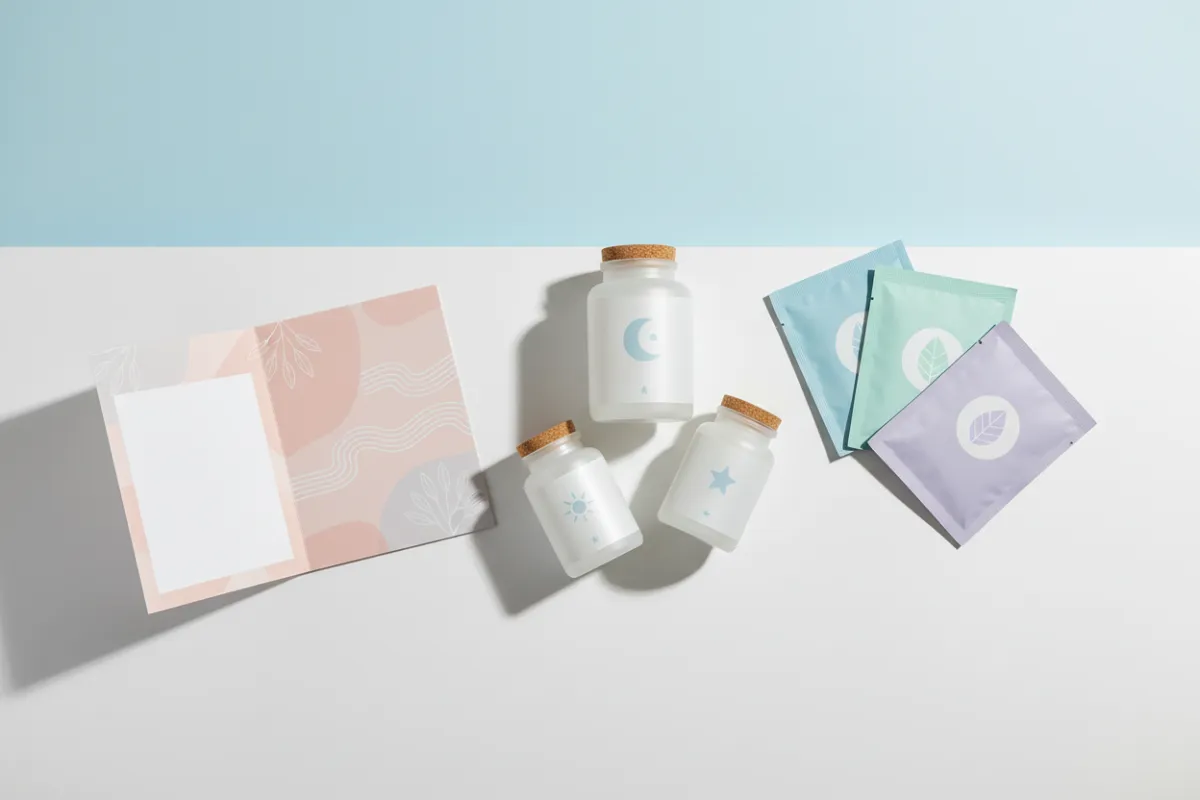 Pohled shora na sadu PMS Essentials se suplementy, návodem a sáčky uklidňujícího čaje na bílém stole. Uspořádání je uklizené, s jemnými stíny a pastelově modrým pozadím, evokující pocit čistoty a péče.