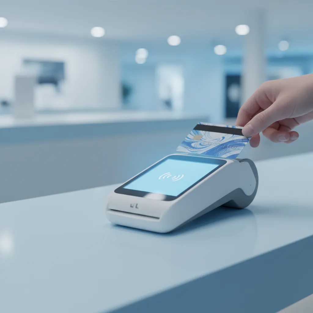 Detail platebního terminálu s rukou držící platební kartu, jemné rozostření, moderní pokladní pult, modrobílé barevné schéma, symbolizující bezpečné transakce a digitální bezpečnost.