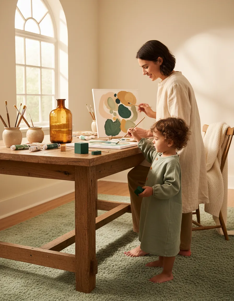 A parent and child enthusiastically working on a creative art project together at home