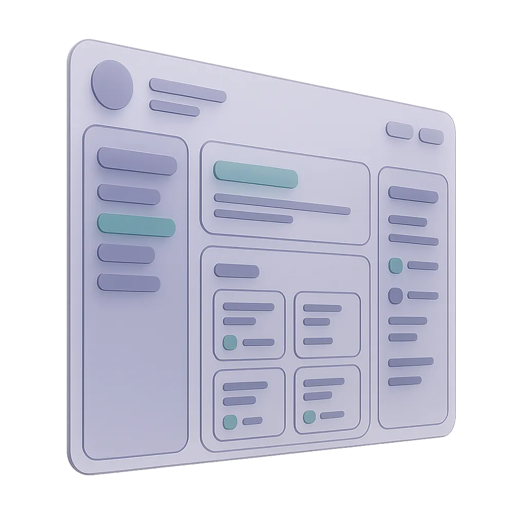 A sleek, abstract futuristic project management dashboard wireframe floating in mid-air