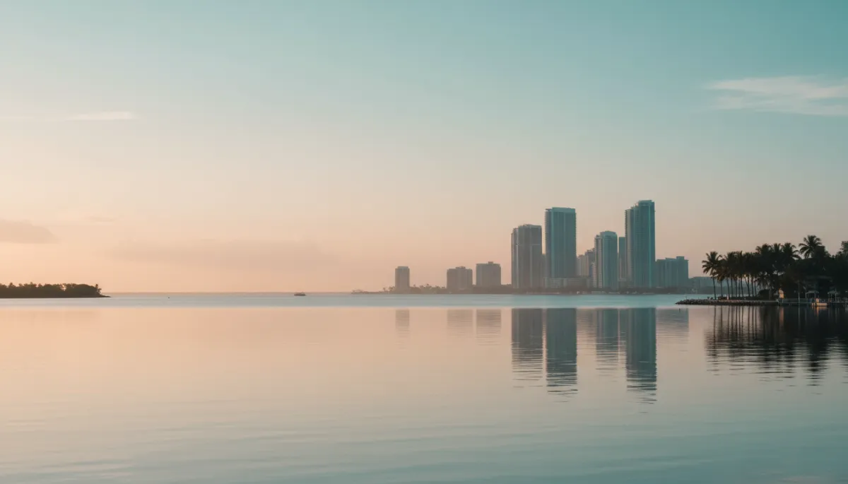 Soft pastel Miami skyline at dusk with palm silhouettes