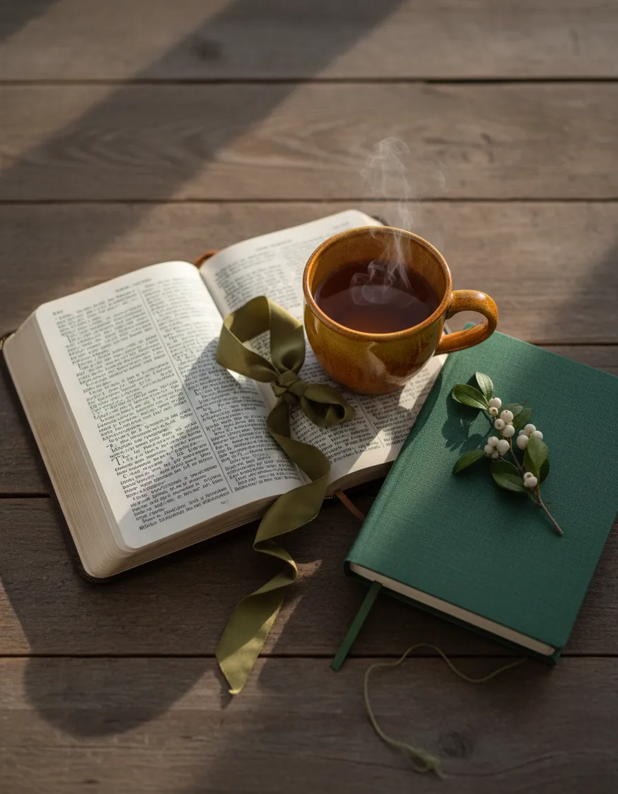Peaceful Christian woman reflecting with an open Bible