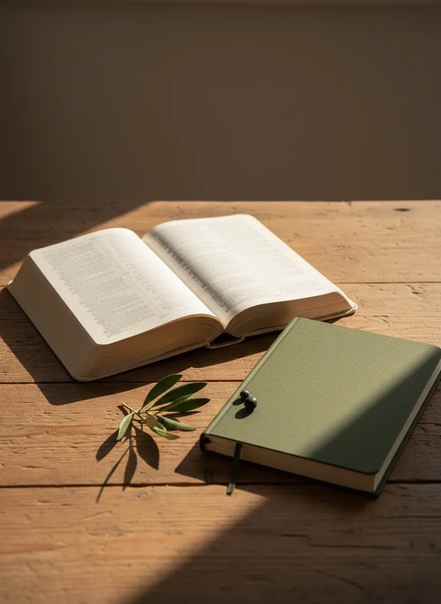 Open Bible and notebook resting on a peaceful linen surface in soft natural light