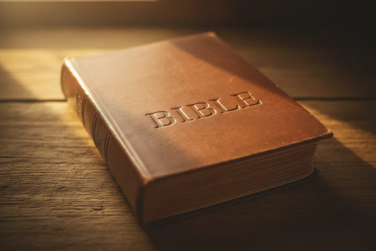 Closed Bible with the word 'Bible' visible on the cover, lit by a beam of light