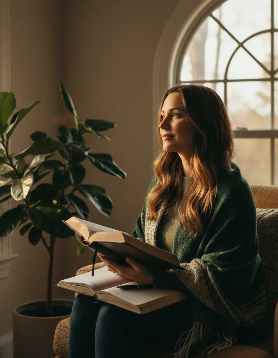 A Christian woman in quiet reflection, seeking clarity and healing