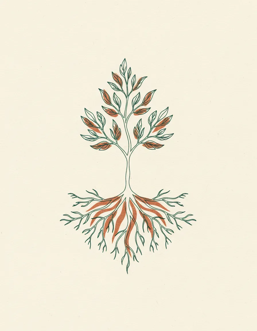 Elegant botanical root illustration symbolizing deep root work