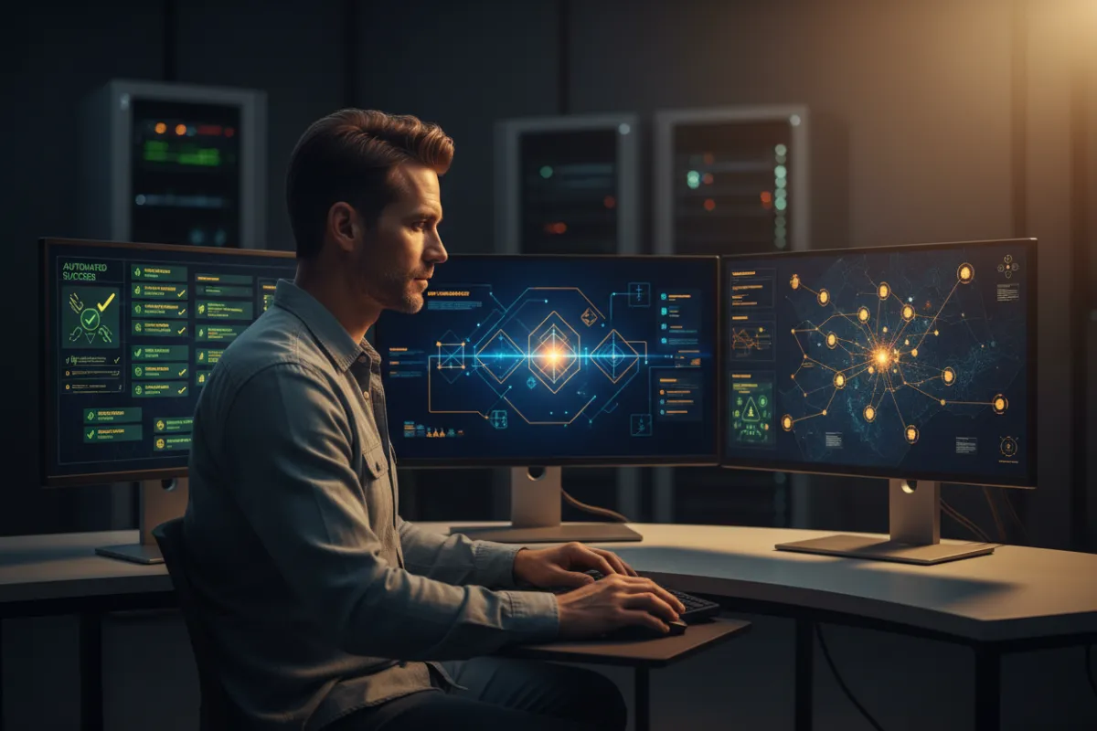 IT professional at a desk with multiple screens showing dashboards and alerts, illustrating IT automation outcomes using SignalCraft AutoPilot Pro.