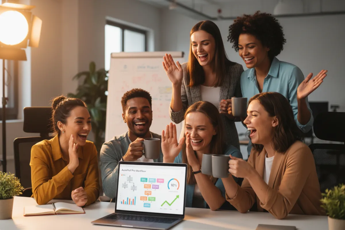 Retail operations team celebrating improved CSAT around a laptop showing AutoPilot Pro workflow metrics.