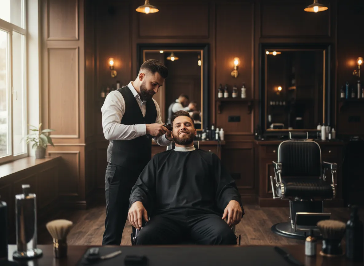 Barber giving a luxury haircut in a dark, elegant barbershop interior