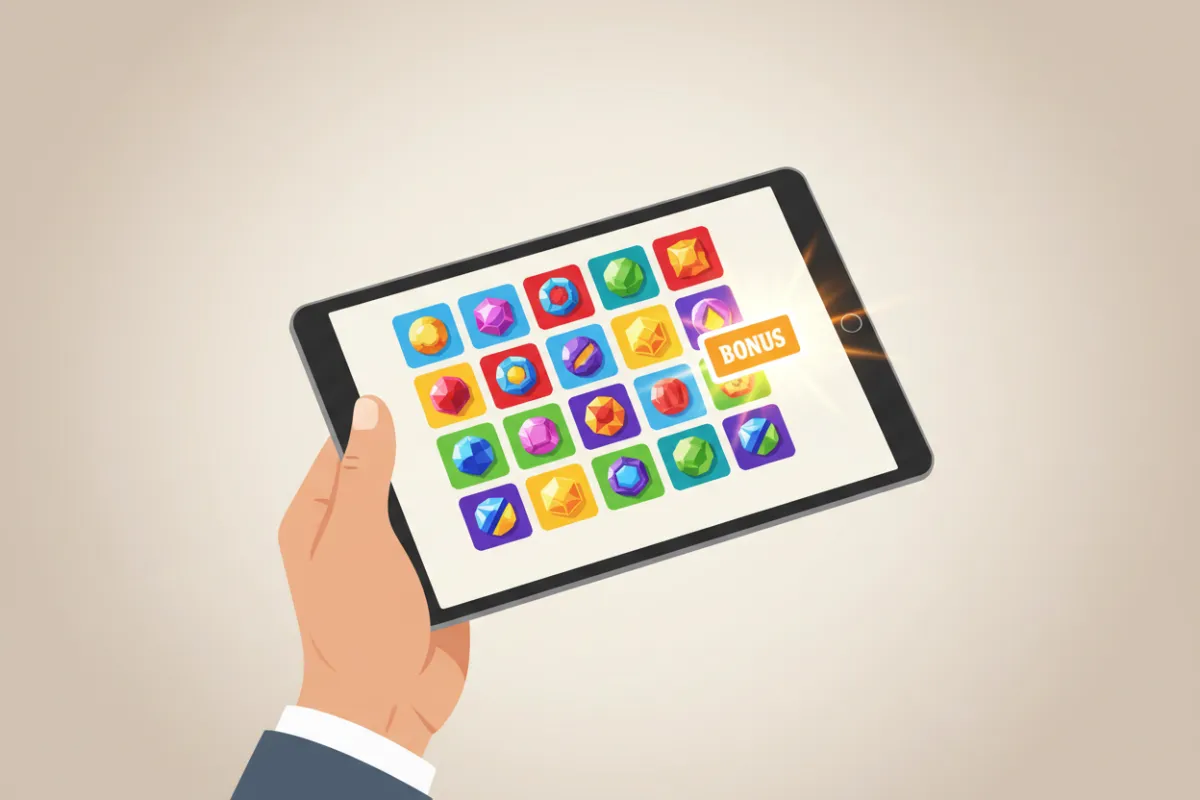 Illustrazione di una mano che tiene una tabella digitale con miniature di slot e un riquadro "Bonus" evidenziato