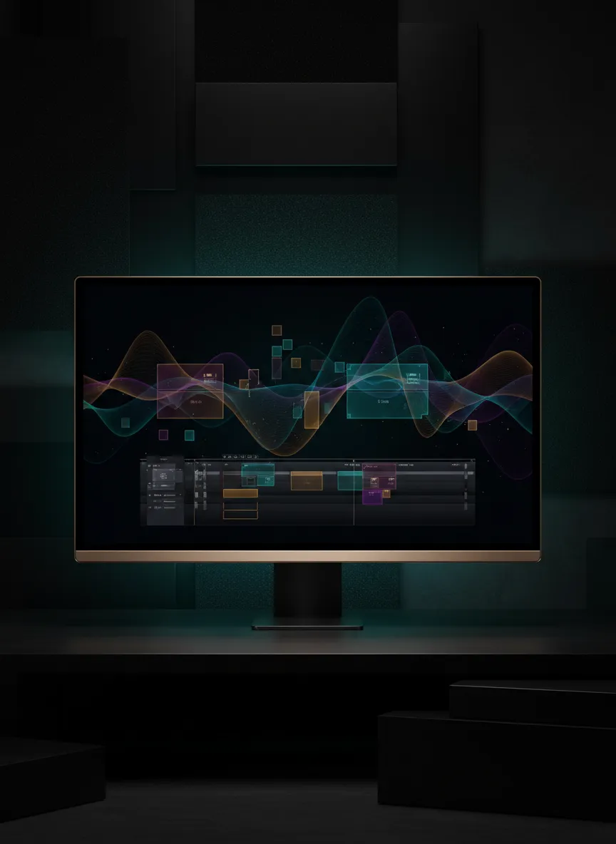 Cinematic video editing timeline on monitor