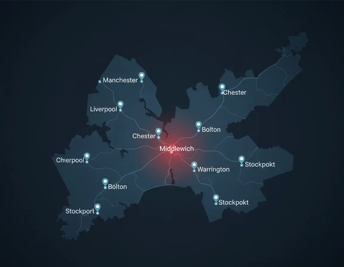 Map showing Middlewich Roofing coverage area across Cheshire and Greater Manchester