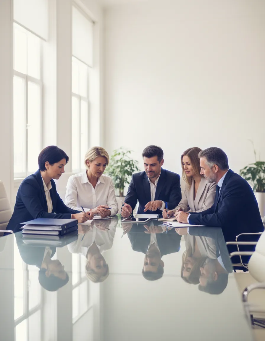 Modern professional agency team collaborating in a bright corporate office