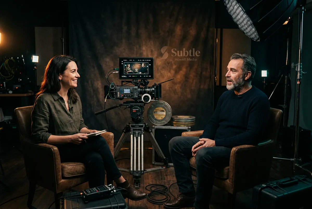 Studio interview setup with production lighting and vintage camera rig