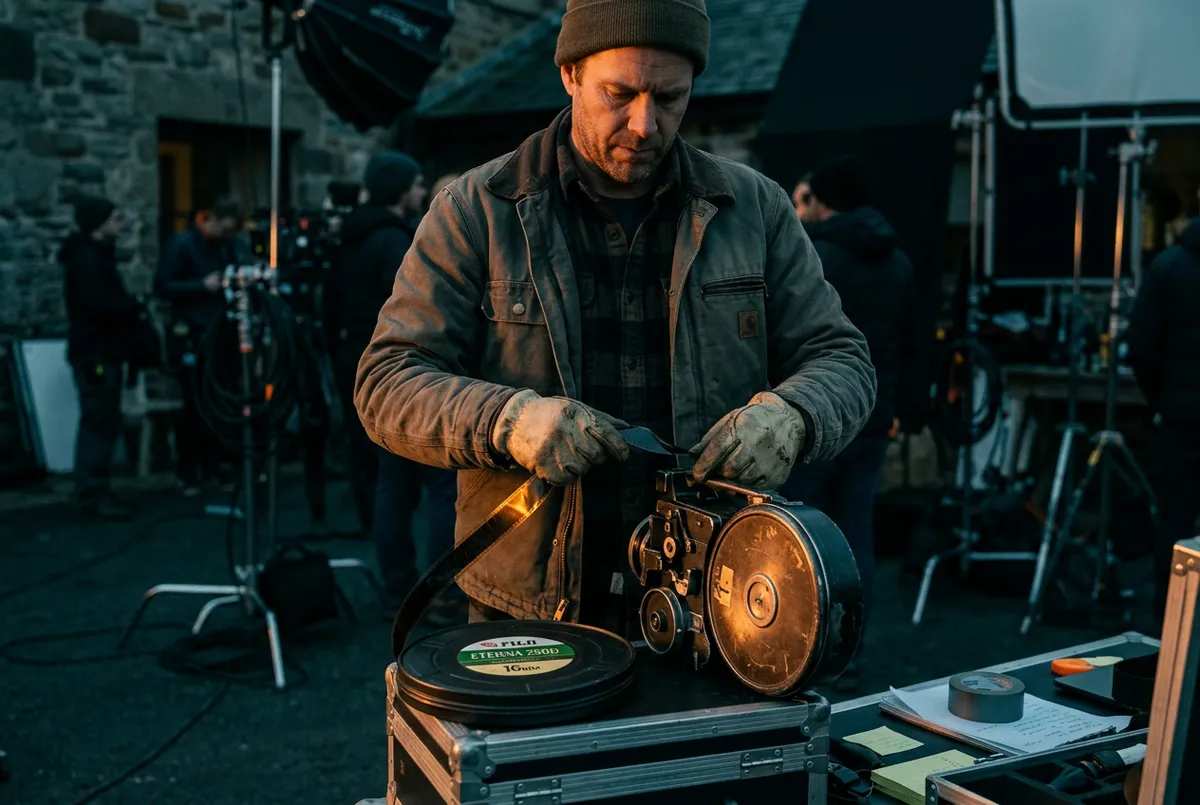 Cinematographer loading 16mm celluloid film magazine on film shoot location