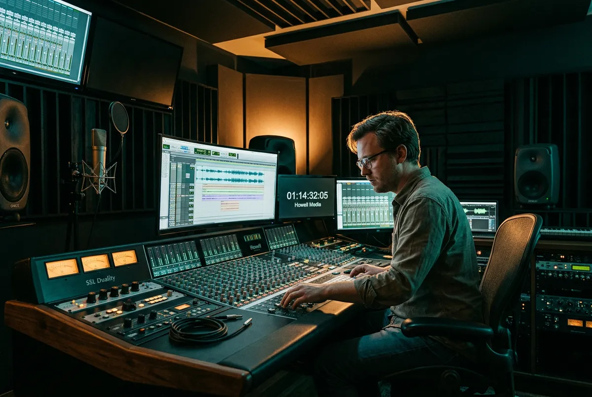 Sound designer balancing bespoke acoustic soundtrack in studio monitor suite