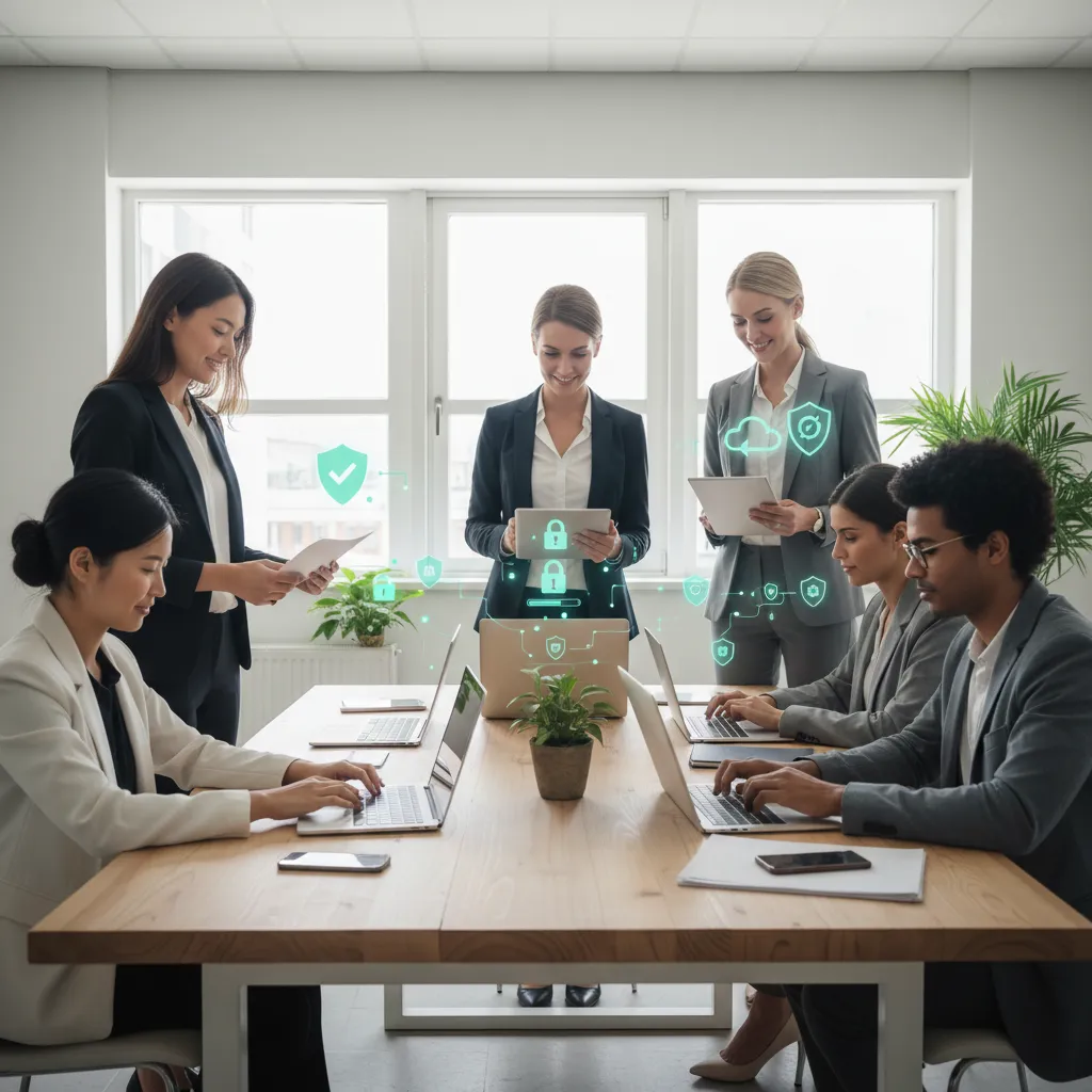A confident small business owner in a modern office, reviewing financial documents with a digital tablet, surrounded by subtle blue accents and natural light, conveying professionalism and assurance.
