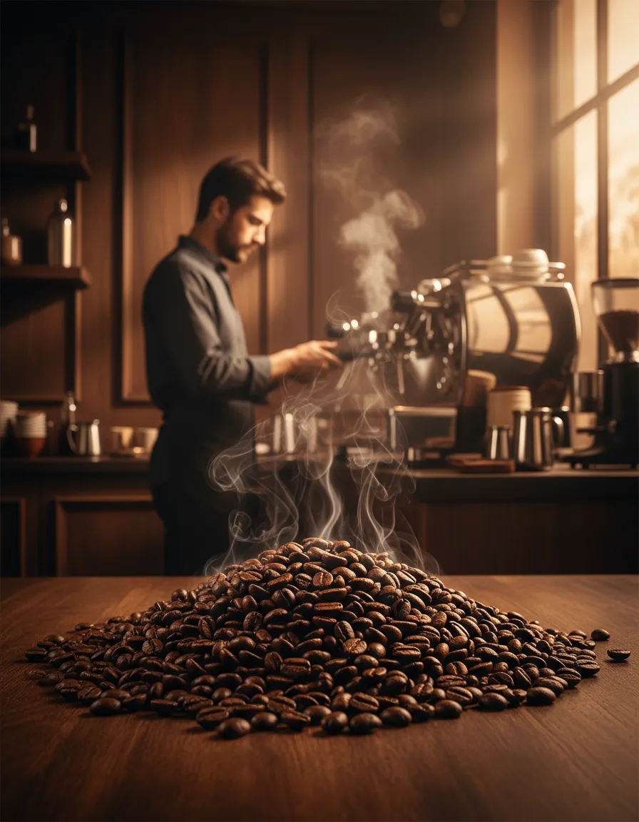 Warm lighting illuminating premium coffee beans and steam in a luxury cafe