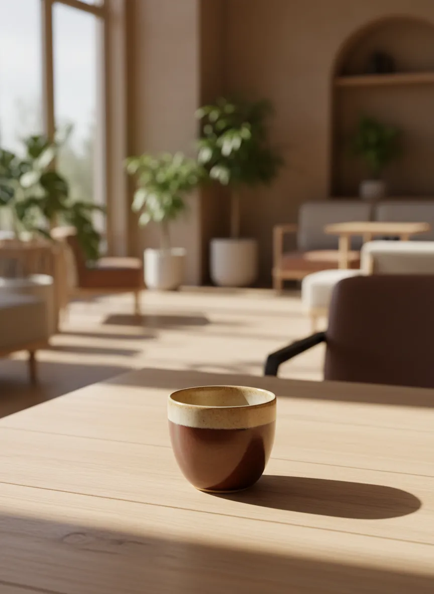 Warm aesthetic cafe interior with natural daylight and a fresh cup of artisan coffee