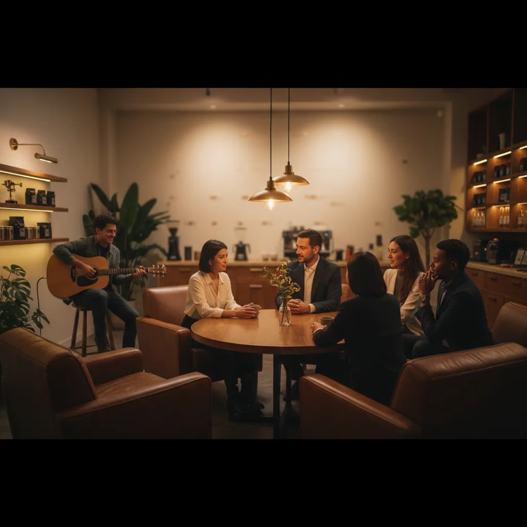 Atmospheric cafe evening gathering with acoustic music