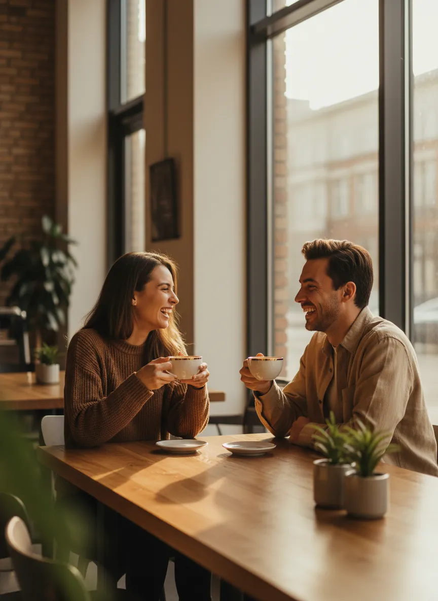 Happy coffee lovers connecting at BrewAura Cafe