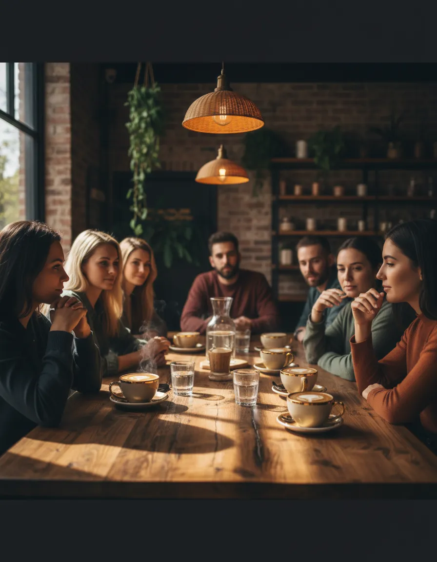 A lively table of friends enjoying coffee and conversation at BrewAura.