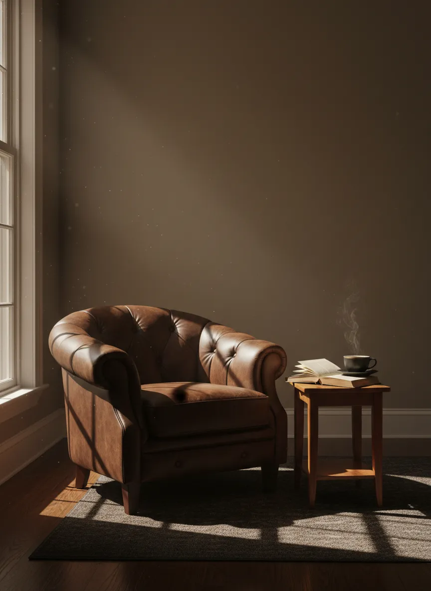 A quiet, sunlit reading nook with a comfortable armchair and fresh coffee.
