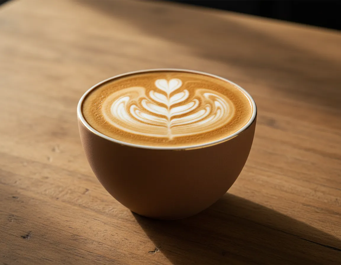 Latte art on a wooden table with morning light