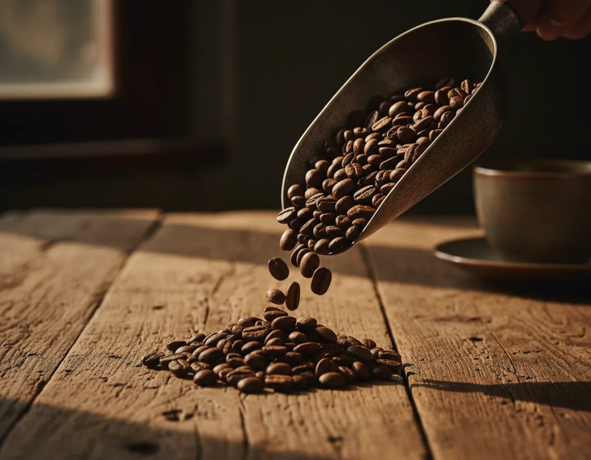 Freshly roasted coffee beans in natural daylight