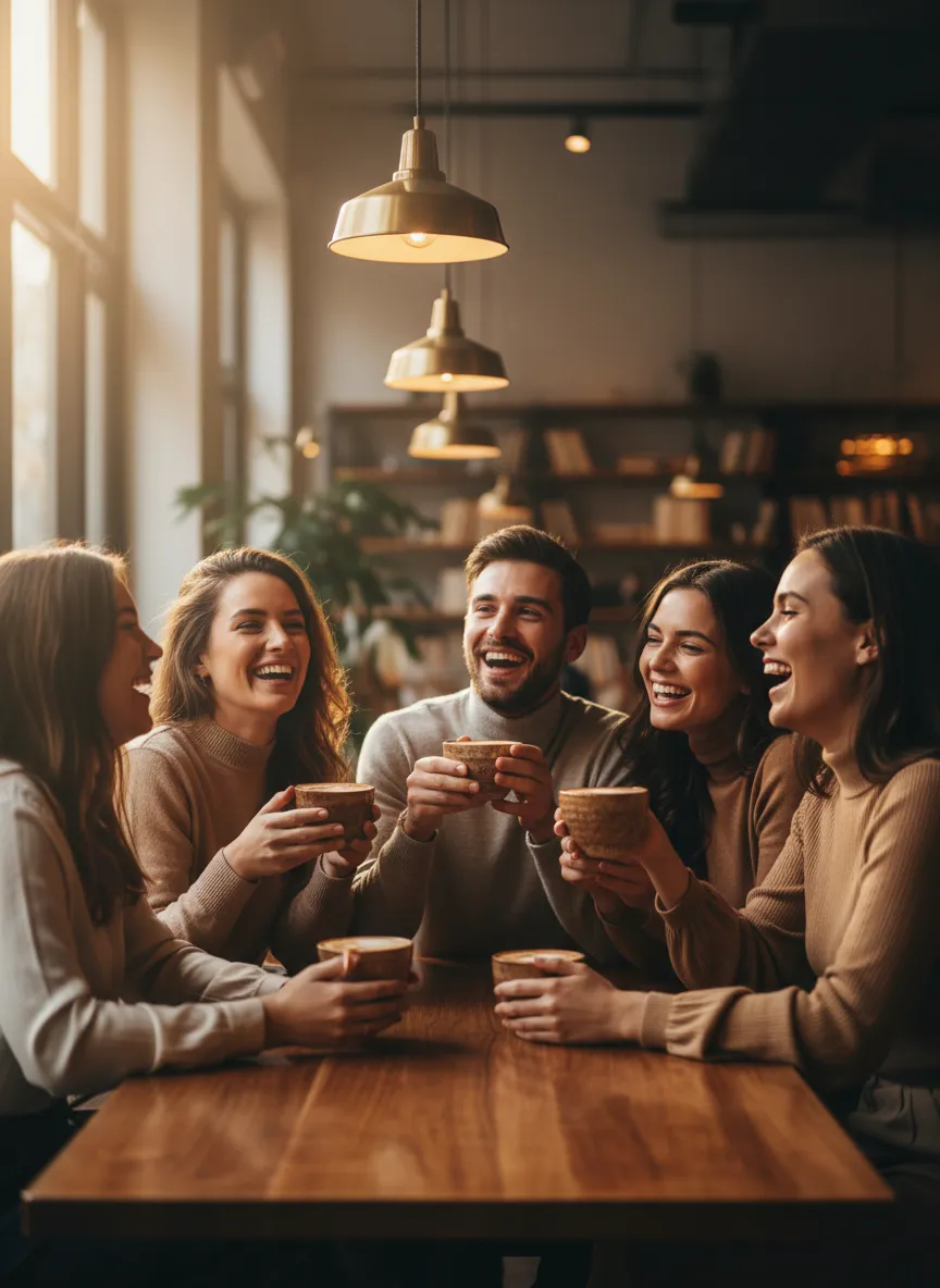 Friends laughing over weekend brunch and cold brew