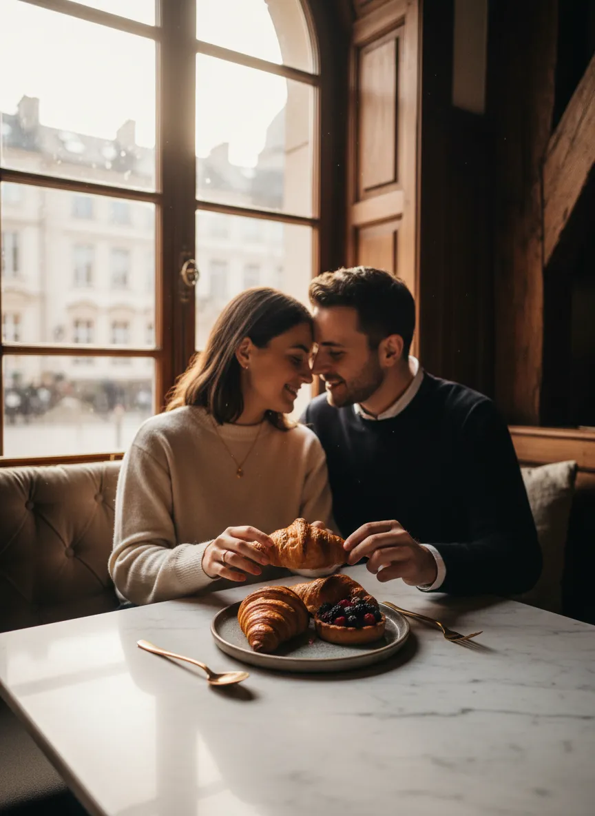 A couple enjoying pastries at a cozy window seat