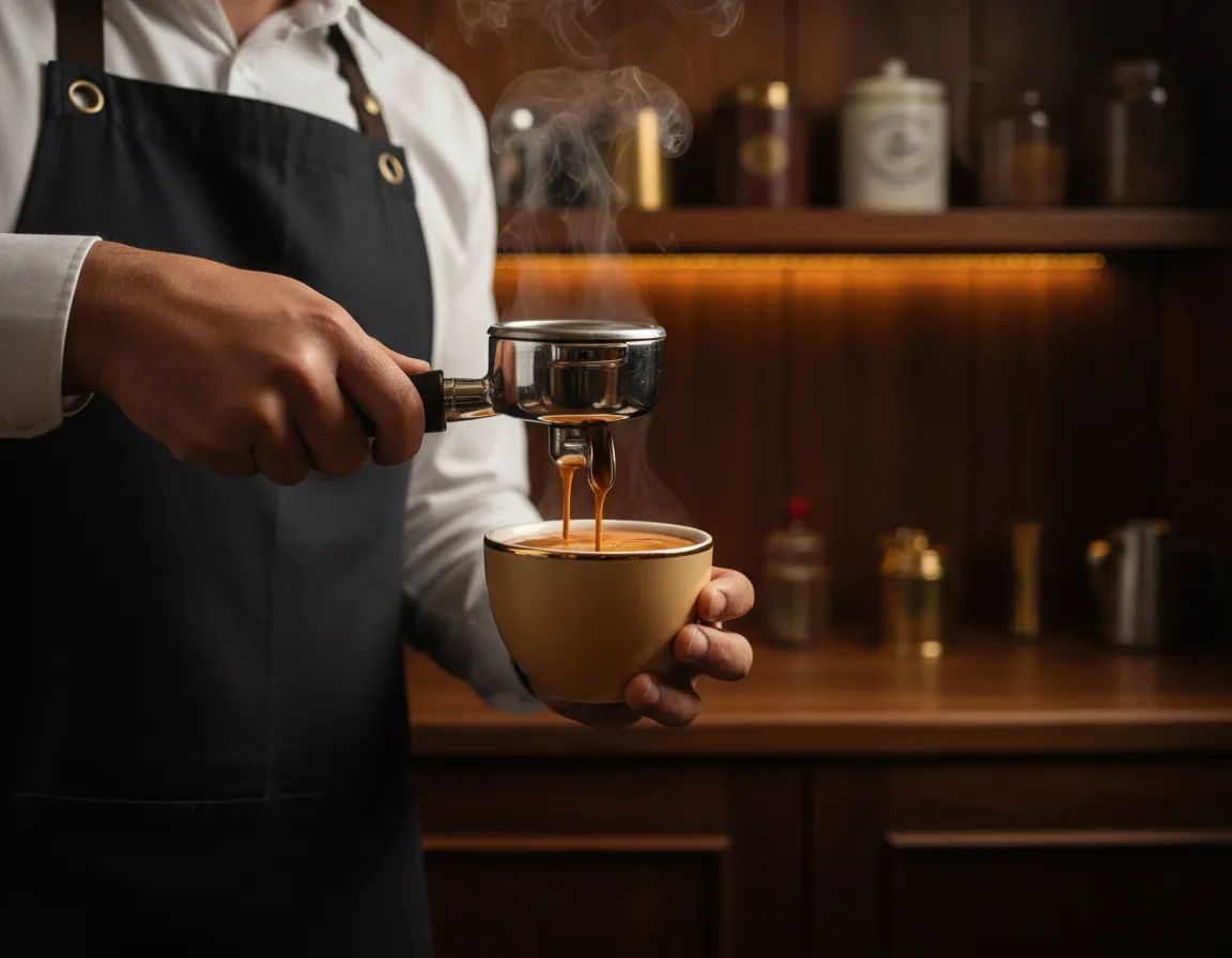Barista pouring a perfectly extracted espresso shot