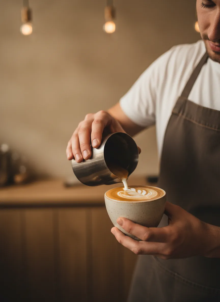 Artisan coffee preparation at BrewAura Cafe