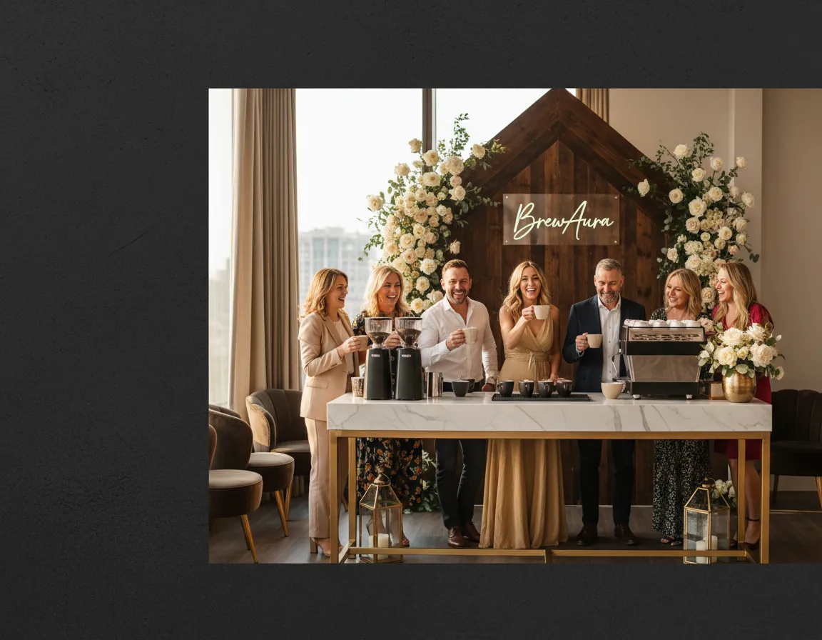 Guests posing at a BrewAura event with a styled coffee bar and photo-ready backdrop