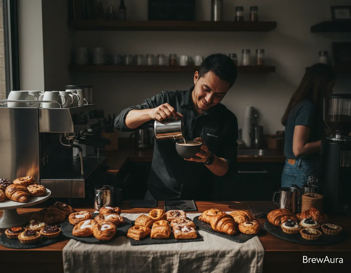 Barista pouring latte art at a BrewAura event coffee station with handcrafted pastries