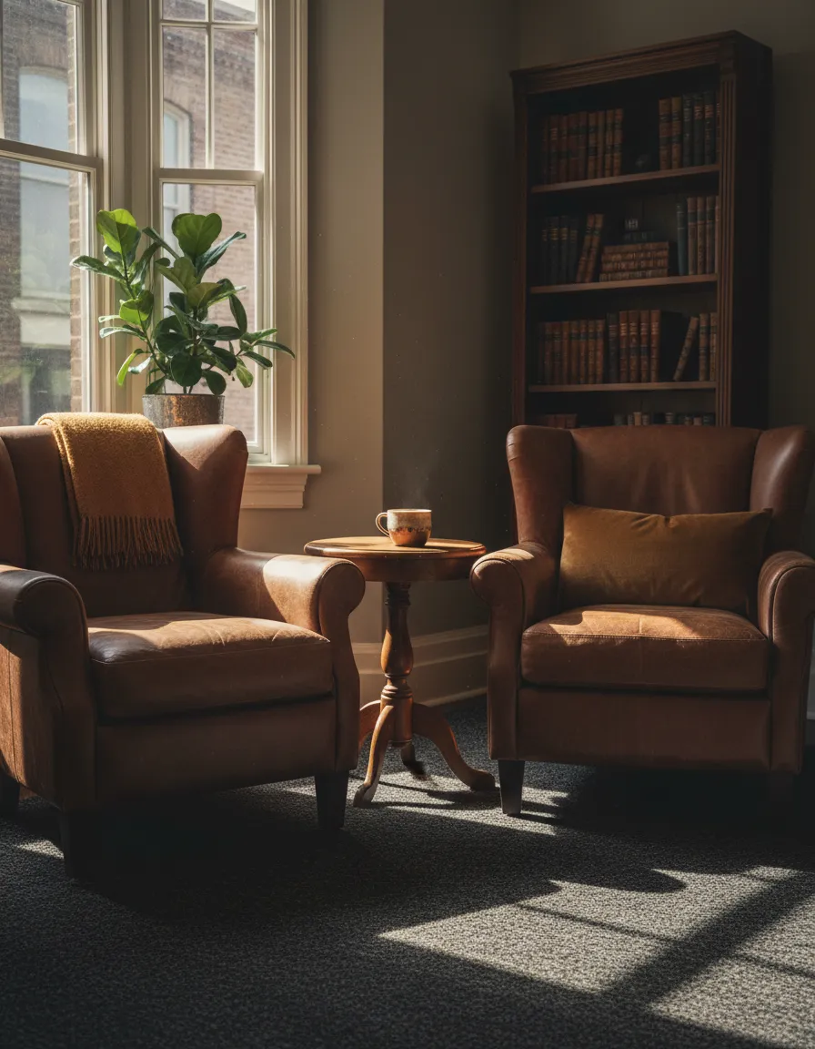 A warm, natural light cafe interior showing a quiet corner for reading