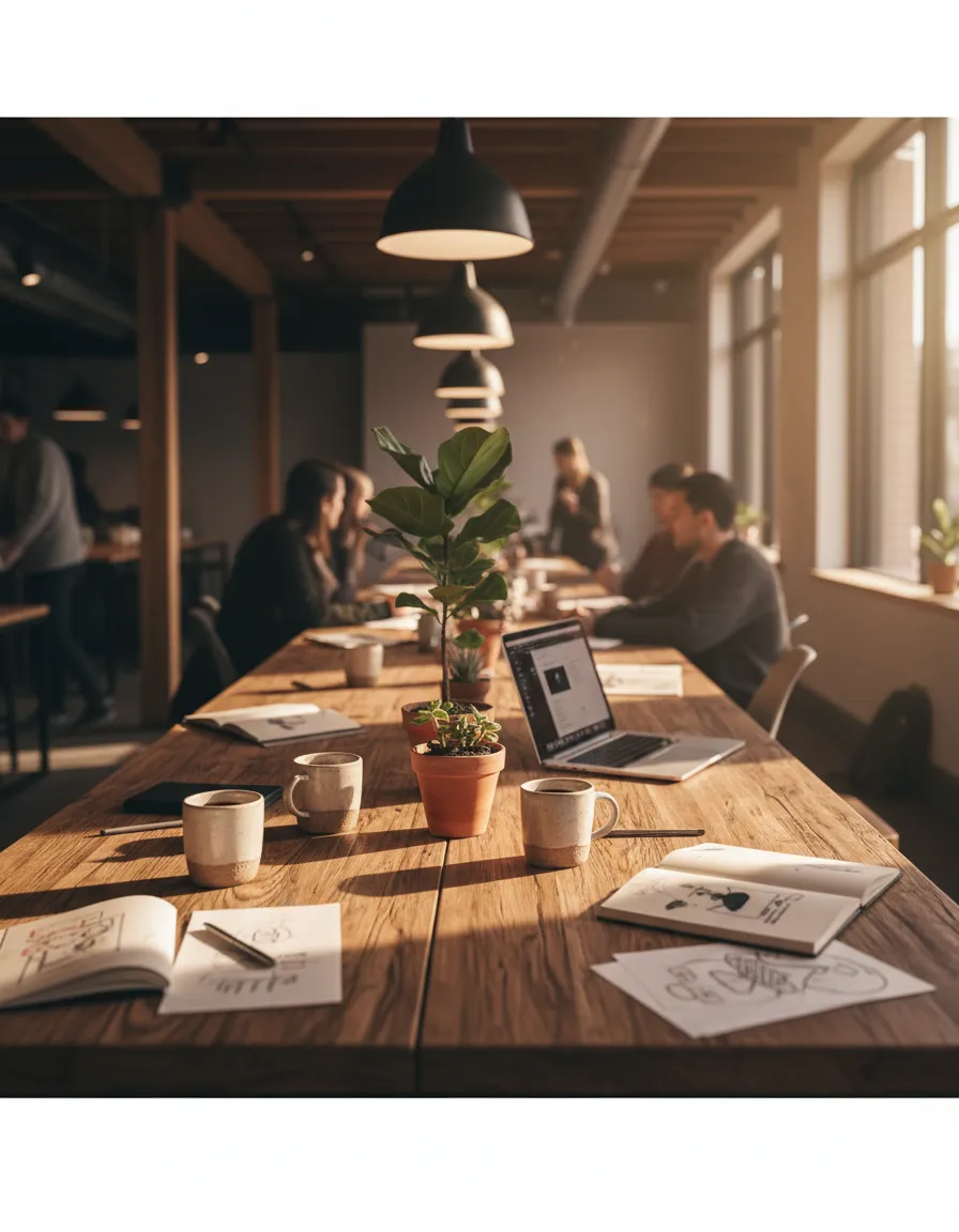 A warm and inviting workspace filled with creative energy and natural sunlight